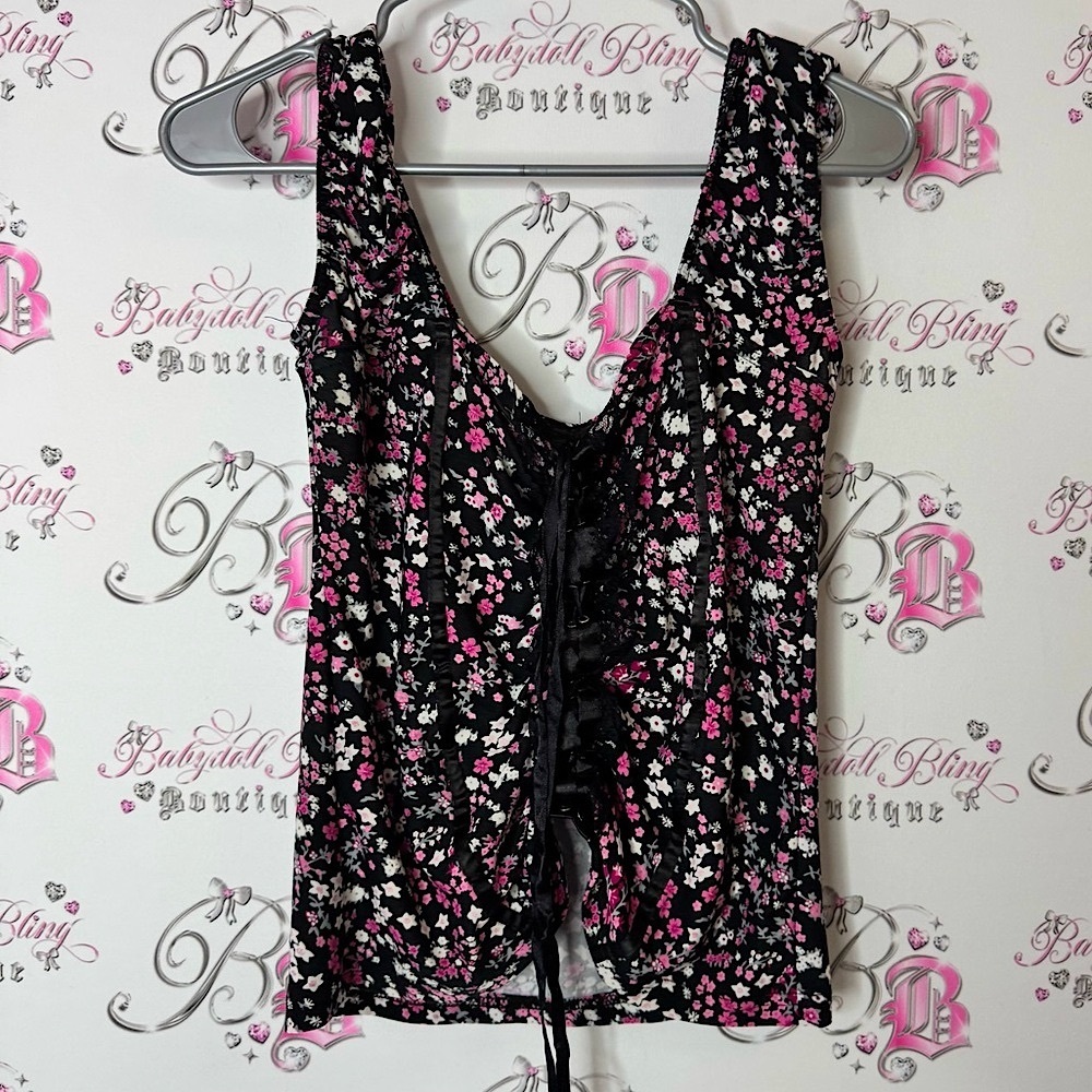 Tank top lace up bustier style flowers Floral Black and Pink Sleeveless Top